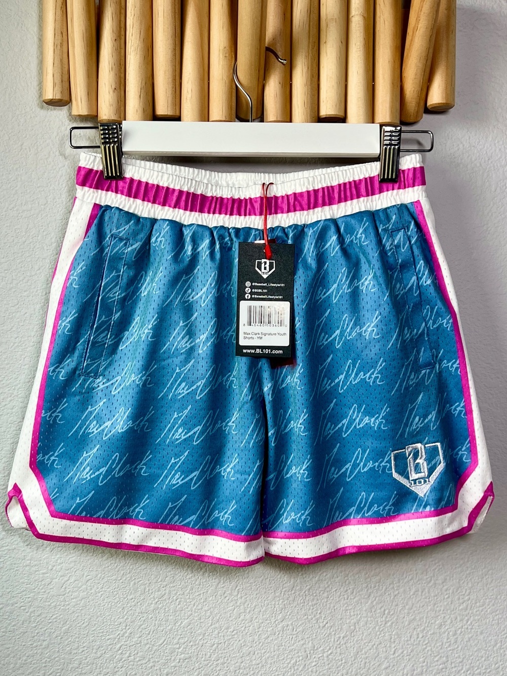 Baseball Lifestyle 101 Max Clark Signature Shorts Youth Medium YM NWT Blue Pink